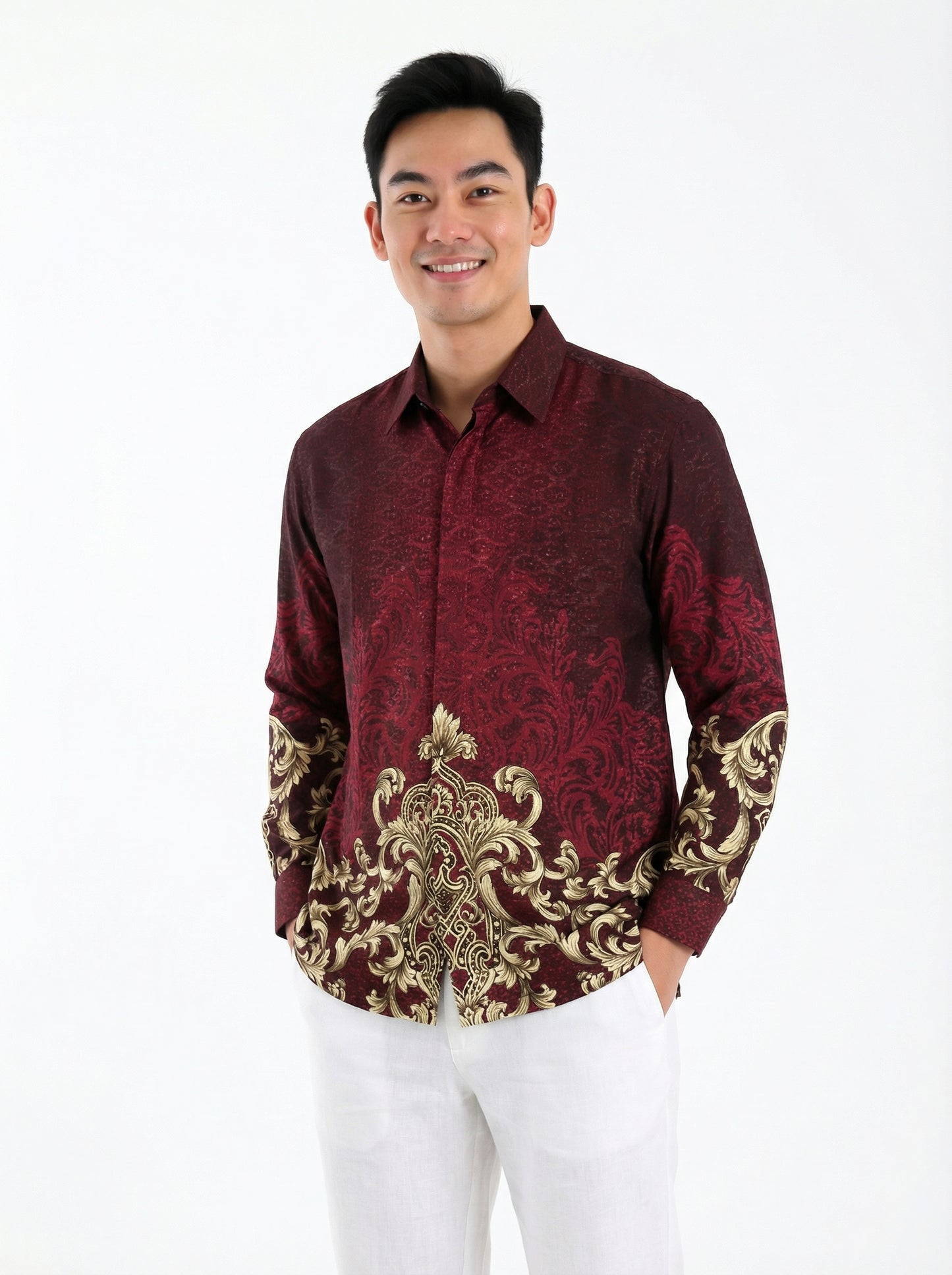 Men’s Batik Shirt – Crimson Regal | Long Sleeves