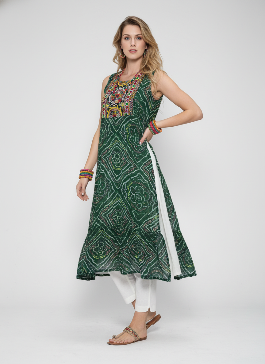 Womens Batik Kurti Emerald Mosaic Sleeveless S Womens Batik Kurti Emerald Mosaic Sleeveless S