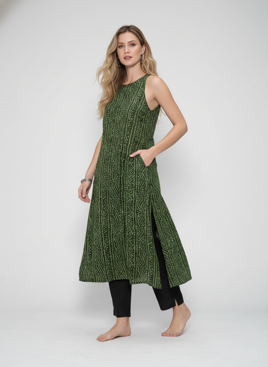 Women’s Batik Kurti – Forest Rhythm Sleeveless 3