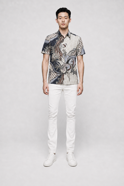 Mens Batik Shirt – Ivory Current | Short Sleeves