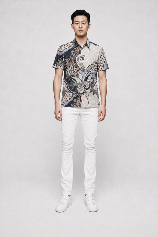 Mens Batik Shirt – Ivory Current | Short Sleeves