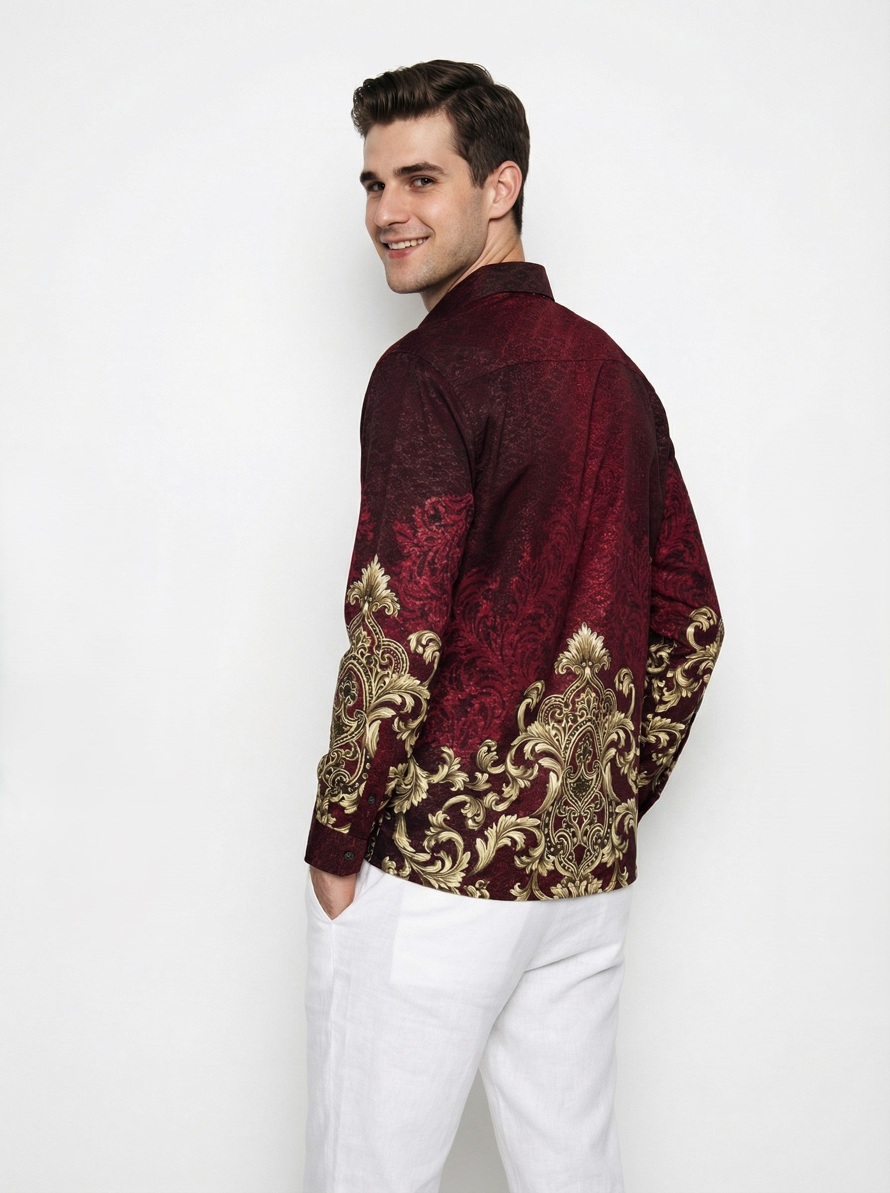 Men’s Batik Shirt – Crimson Regal | Long Sleeves