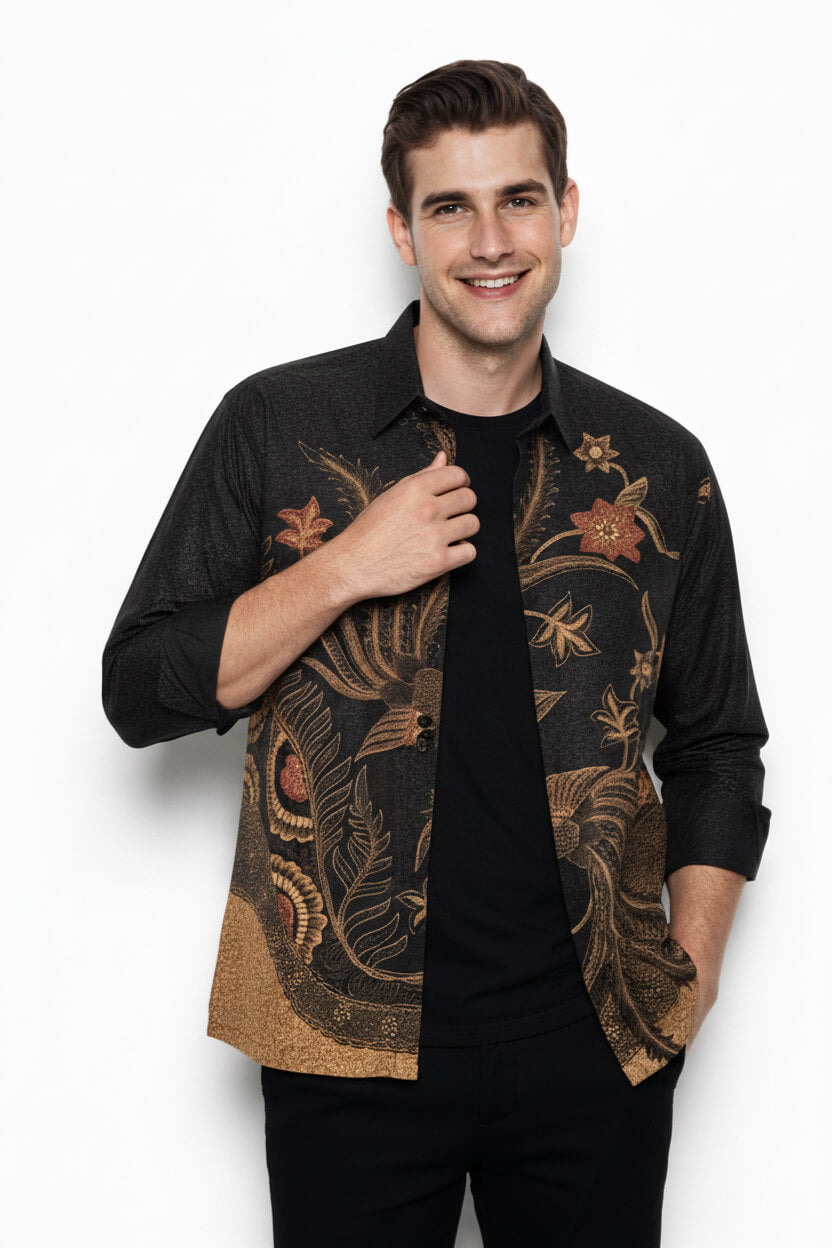 Men’s Batik Shirt – Golden Aviary | Long Sleeves1