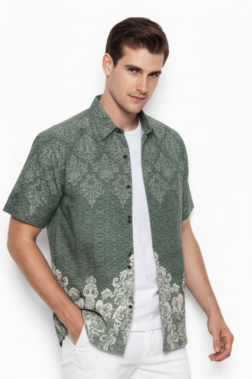 Men’s Batik Shirt – Sage Crest | Short Sleeves1