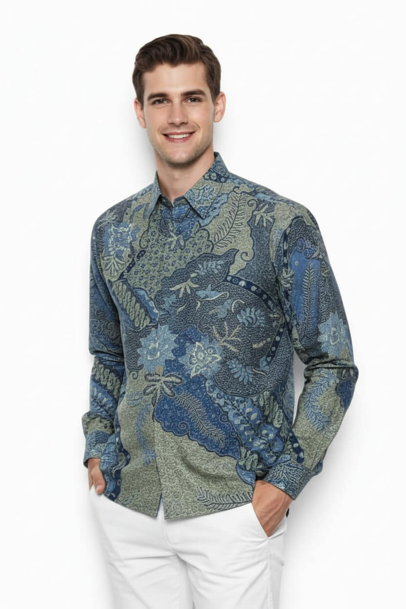 Men's Batik Shirt – Azure Fern | Long Sleeves 1