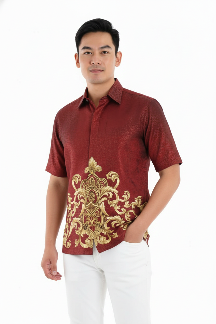 Men’s Batik Shirt – Crimson Regal | Short Sleeves