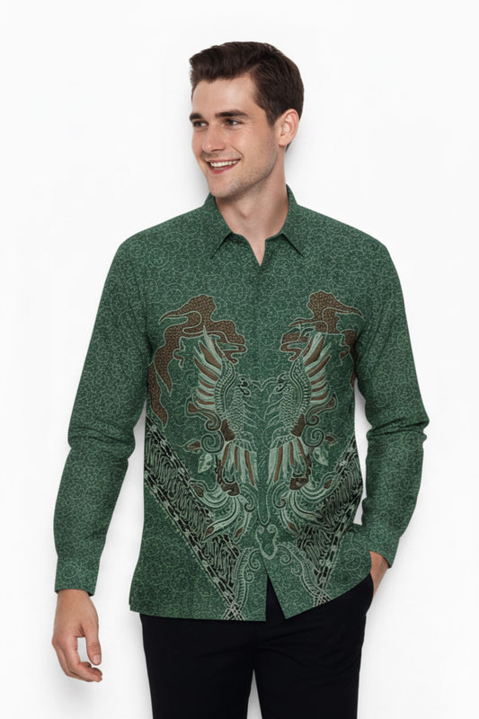 Men’s Batik Shirt – Emerald Phoenix | Long Sleeves1
