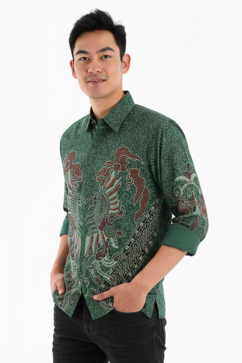 Men’s Batik Shirt – Emerald Phoenix | Long Sleeves3