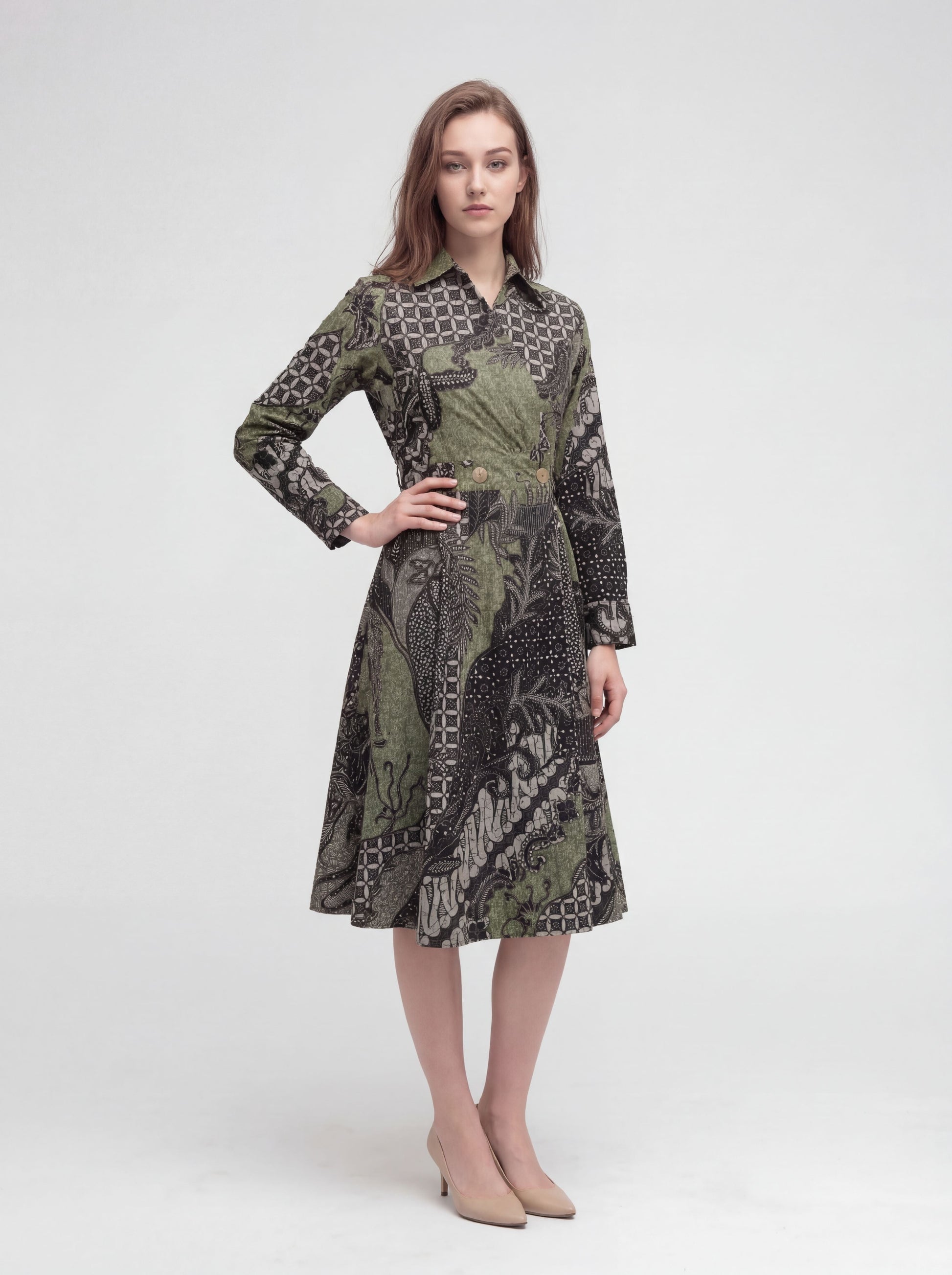 Women's Batik A-Line Shirt Dress - Verdant Grove - front
