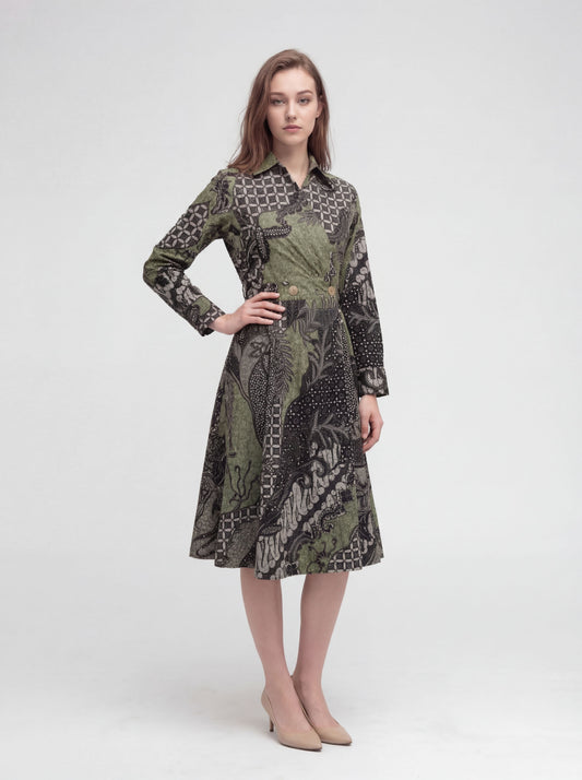 Women's Batik A-Line Shirt Dress - Verdant Grove - front