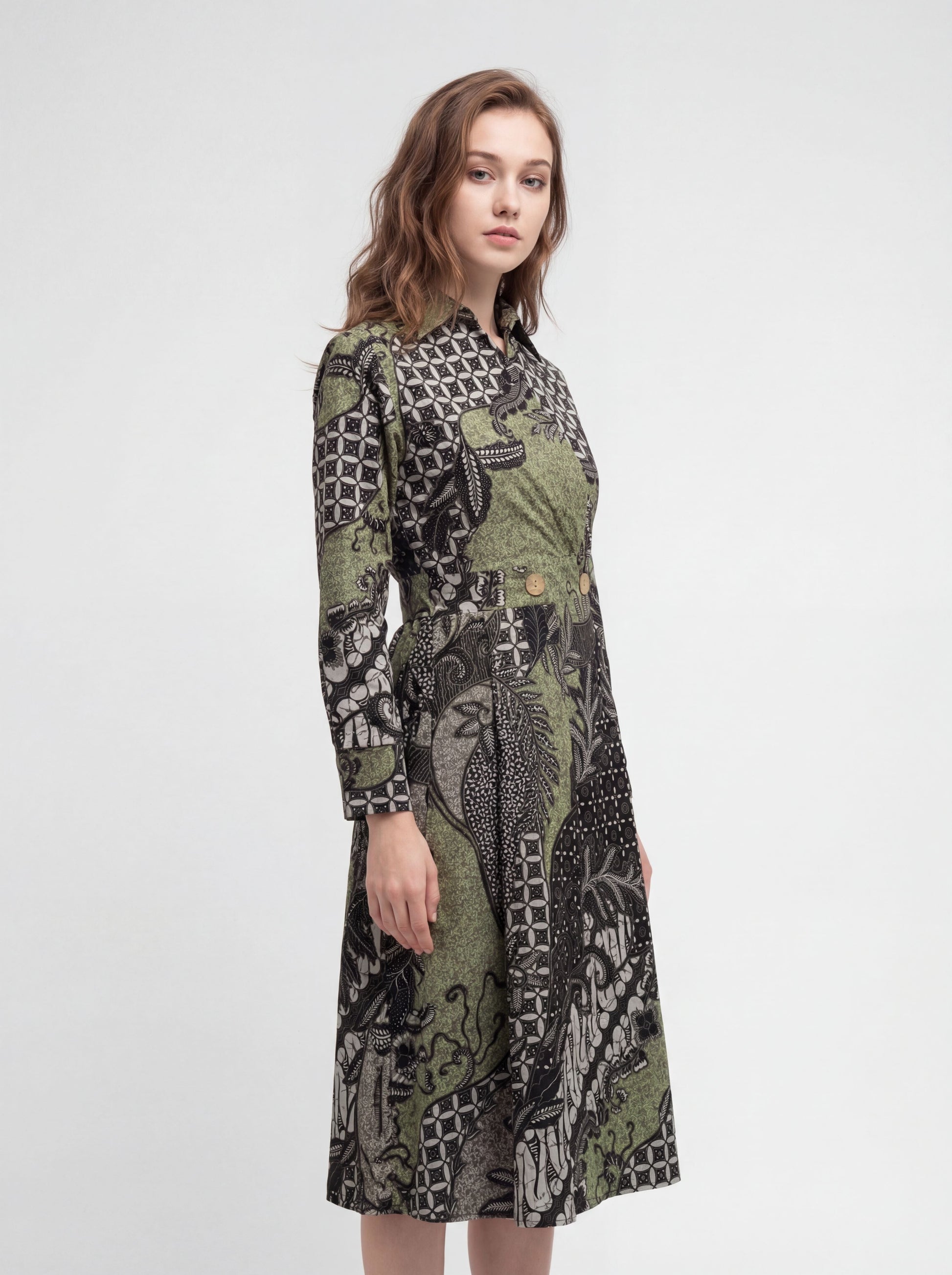 Women's Batik A-Line Shirt Dress - Verdant Grove - side