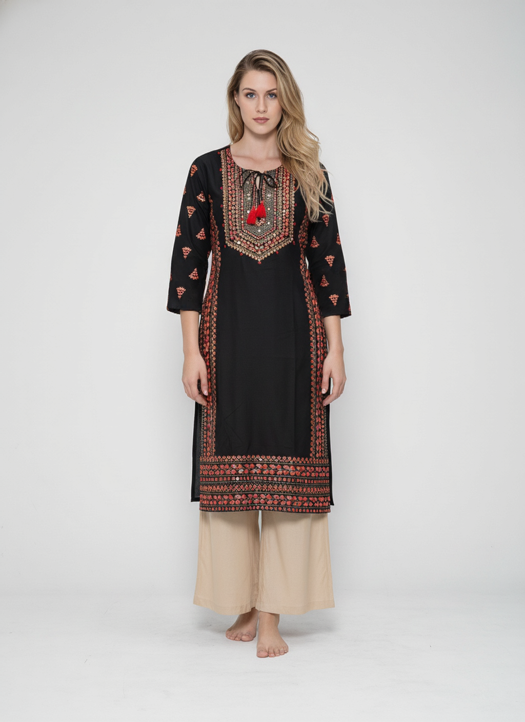 Women’s Batik Kurti – Black Ember Threadwork 1