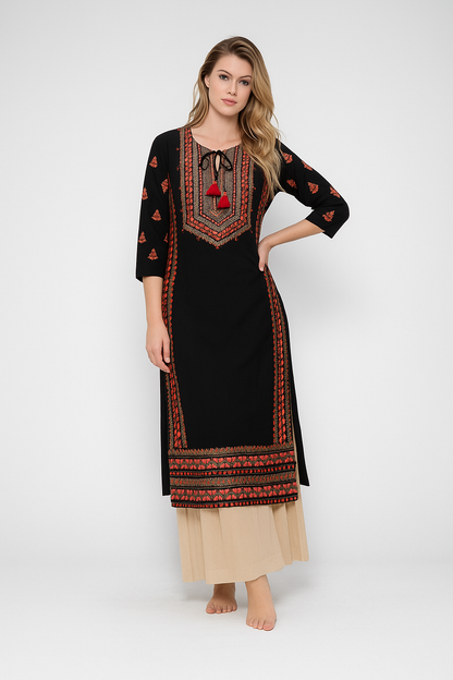 Women’s Batik Kurti – Black Ember Threadwork 2
