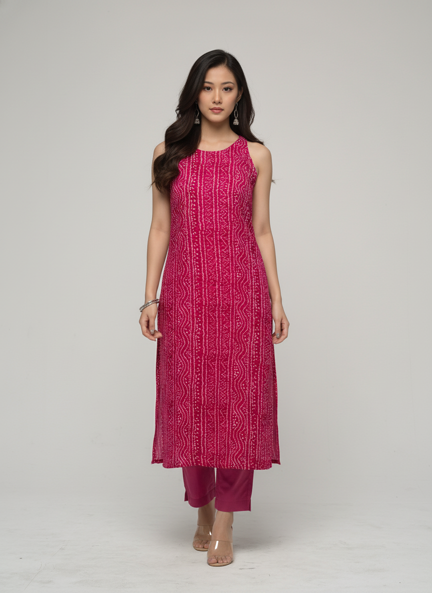 Women’s Batik Kurti – Fuchsia Rhythm Sleeveless 2