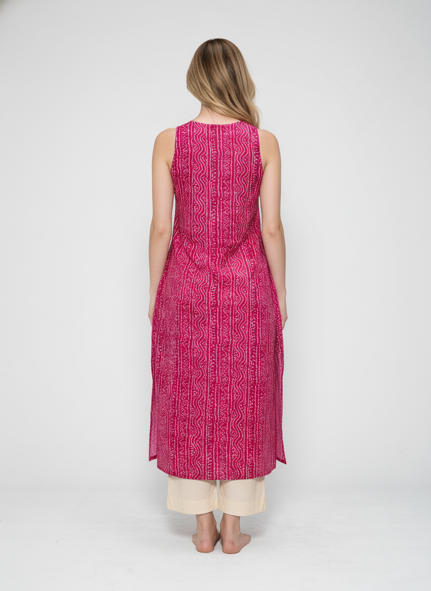 Women’s Batik Kurti – Fuchsia Rhythm Sleeveless 4