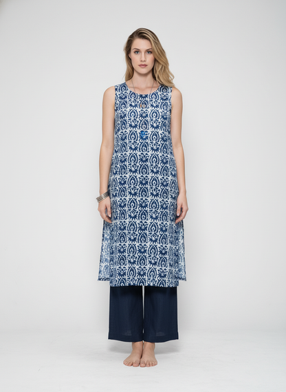 Women’s Batik Kurti – Indigo Tile Sleeveless 1