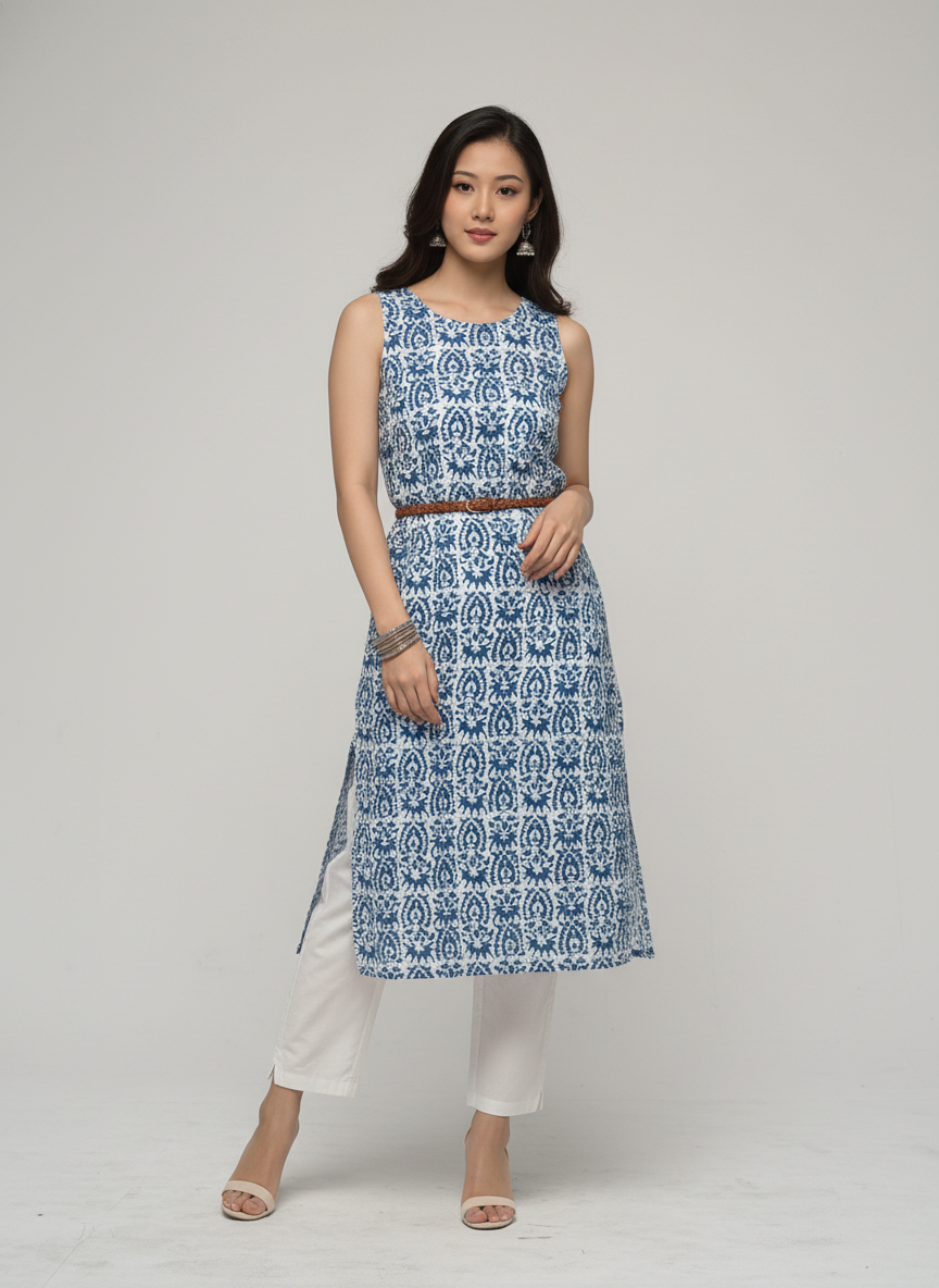 Women’s Batik Kurti – Indigo Tile Sleeveless 2