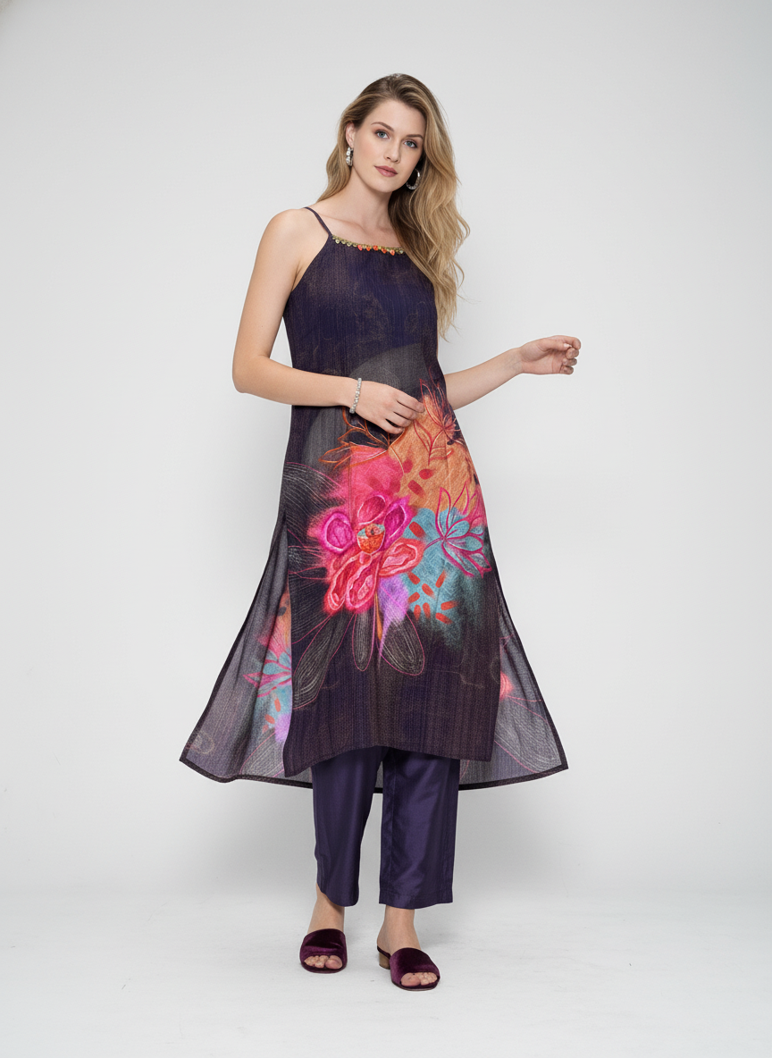 Women’s Batik Kurti – Midnight Bloom Sleeveless 3