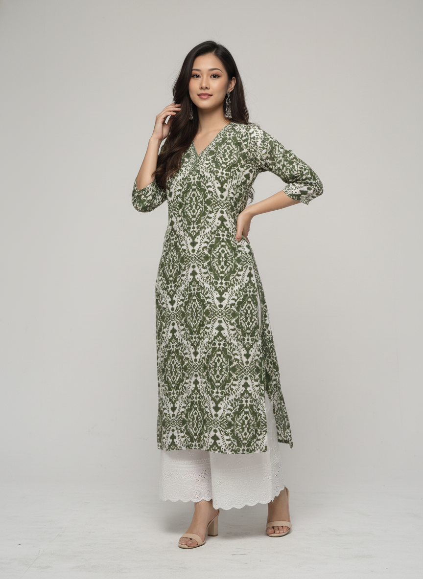 Women’s Batik Kurti – Olive Ethnic Harmony 3