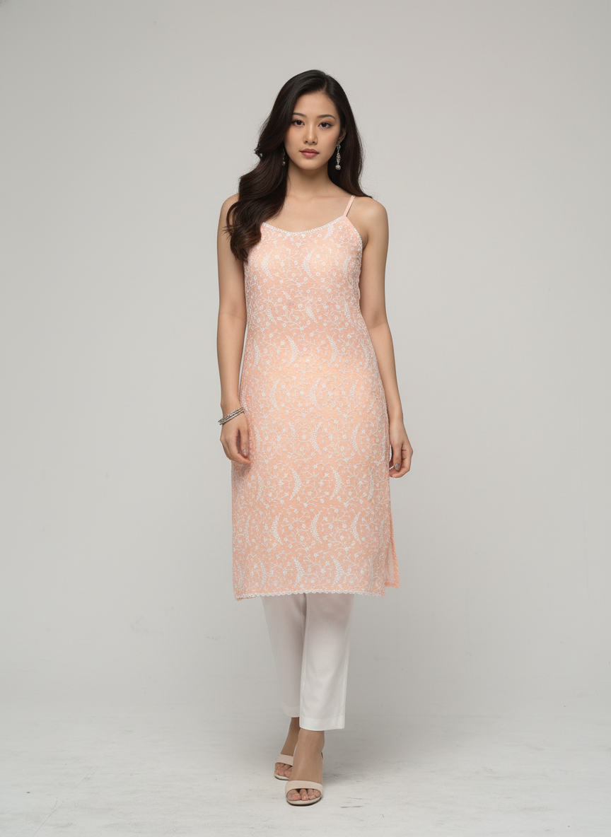 Women’s Batik Kurti – Peach Blossom Sleeveless 1