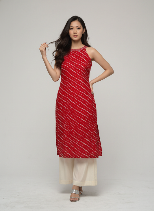 Women’s Batik Kurti – Scarlet Wave Elegance 1
