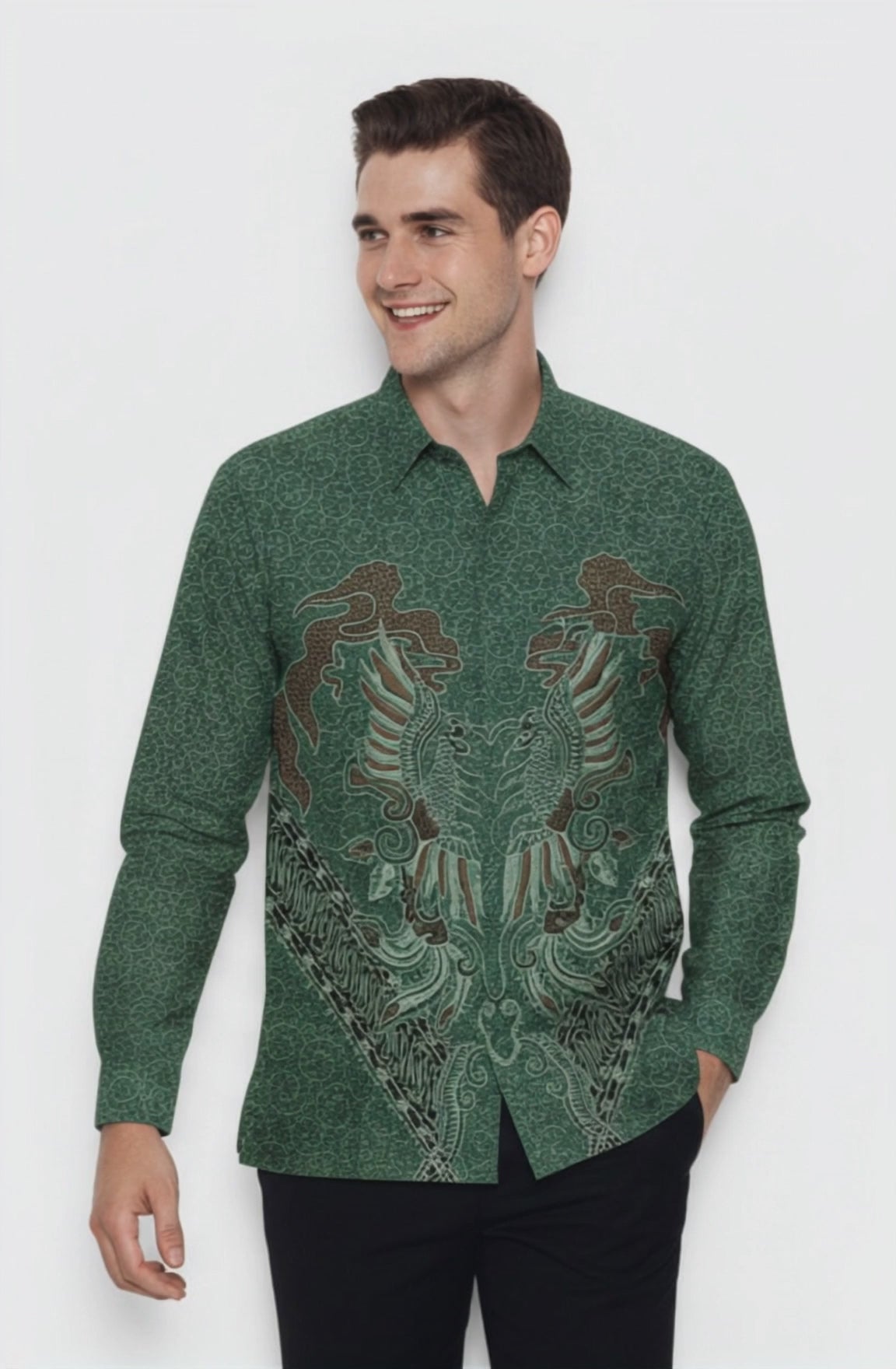 Men’s Batik Shirt – Emerald Phoenix | Long Sleeves