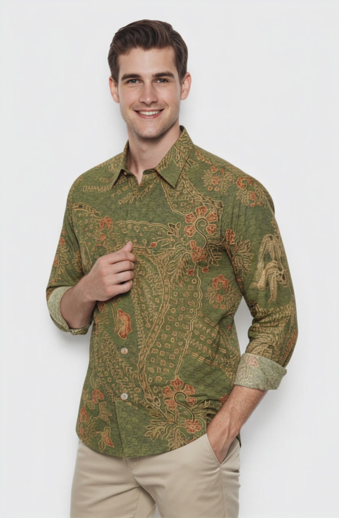 Men's Batik Shirt – Verdant Ember | Long Sleeves