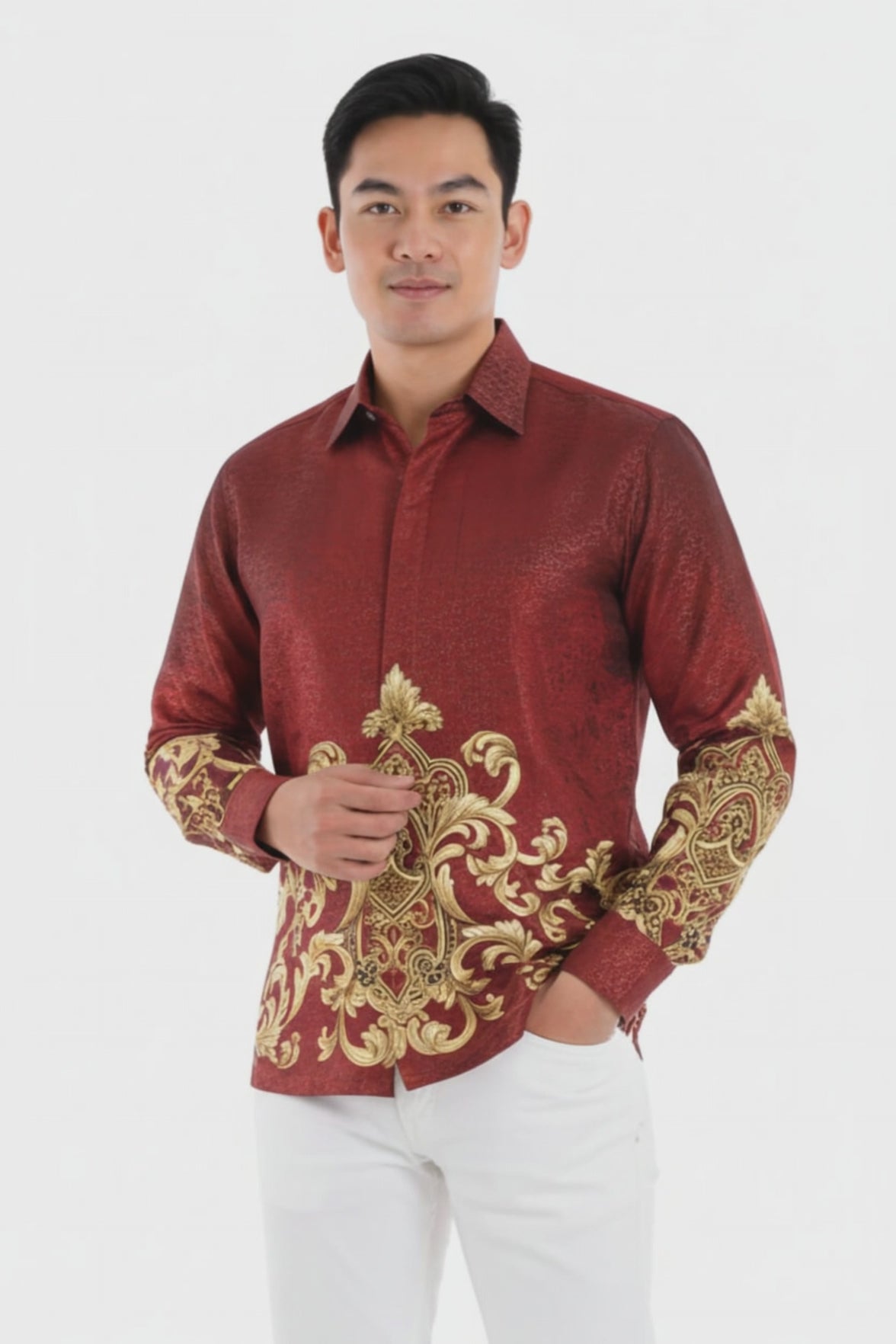 Men’s Batik Shirt – Crimson Regal | Long Sleeves
