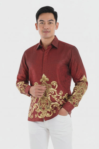 Men’s Batik Shirt – Crimson Regal | Long Sleeves