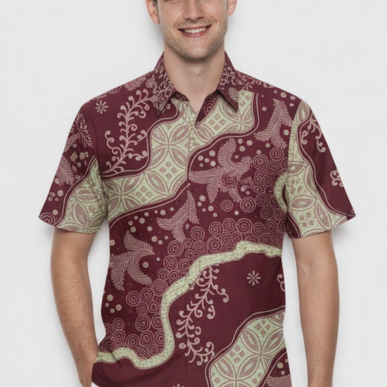 Men's Batik Shirt – Crimson Laurel | Short Sleeves